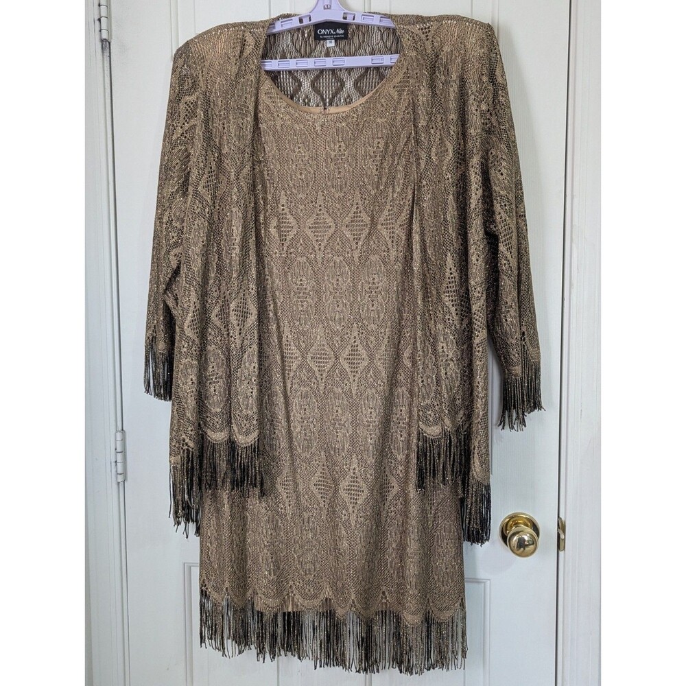 VTG Onyx Nite Fringe Cardigan Shift Dress Womens 18 Metallic Gold Lace Boho Glam